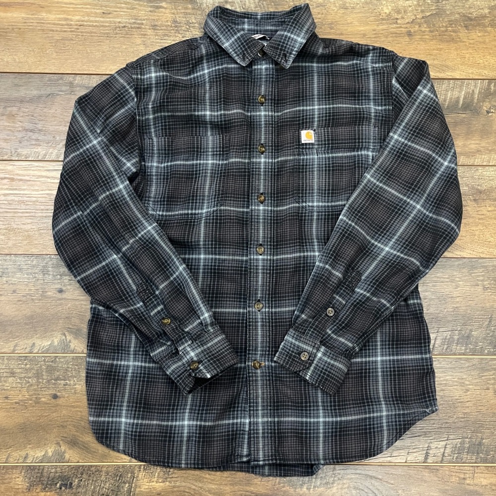 Carhartt Rugged Flex Relaxed Fit Plaid Flannel Shirt Gray Black Mens M Gorpcore